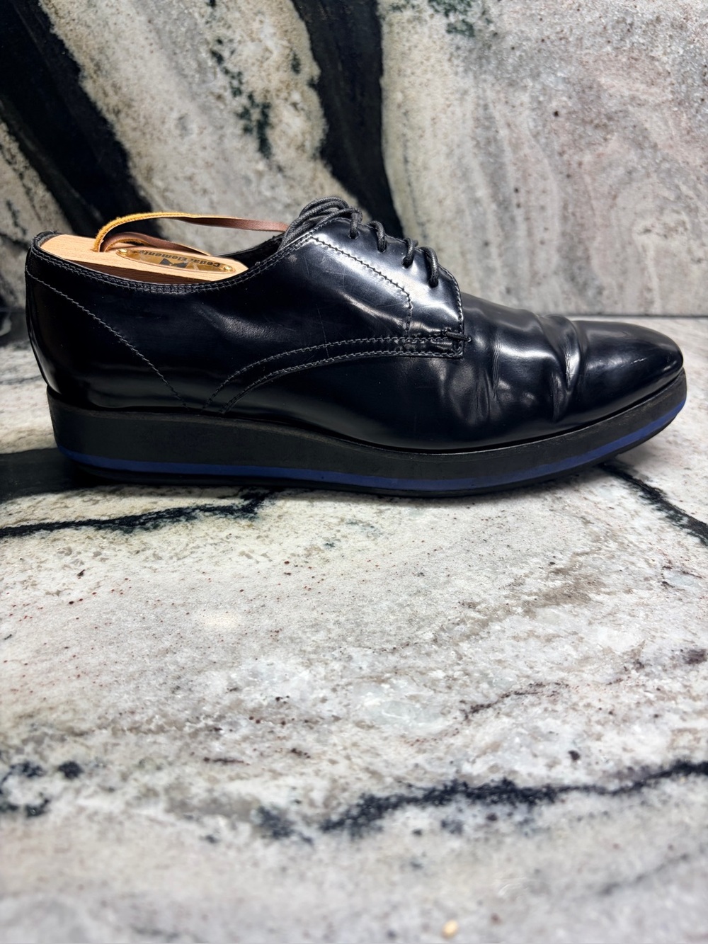Prada Black Leather Derby Shoes Blue Rubber Sole Women’s EU 37 US 7 Italy - Picture 7 of 11
